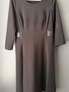 DKNY Black Long-Sleeve A-line Dress with Side Buckle Detail and pockets!